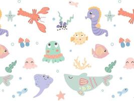 onderwaterwereld patroon. onderwater stripfiguren. walvis, vis, zeester, octopus. handgetekende patroon voor kindertextiel, behang, stoffen. vector