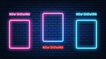 neon bioscoop mockup teken. gloeiende kleur neon vierkant. glanzende led- of halogeenlampen frame banners. op bakstenen muur vector set.