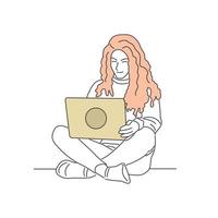 vrouw zitten met laptop in minimale cartoonstijl vector