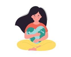 vrouw knuffelen earth globe. Earth Day, planeet redden, natuur beschermen vector