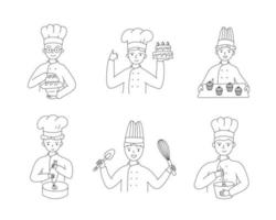 set van bakkers koken bakken brood en desserts. voedsel recept. schets doodle illustraties poster, banner, dekking, flyer, menu, reclame. vector