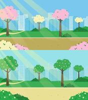 stadspark lente panorama bloeiende bomen, bank. platte vectorillustratie. vector