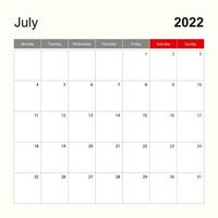 wandkalendersjabloon voor juli 2022. vakantie- en evenementenplanner, week begint op maandag. vector