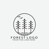 bos logo-ontwerp, natuurlandschap met silhouetten van bomen en bergen, natuurlandschapspictogram in ronde geometrische vorm, vectorillustratie in zwart-witte kleur vector