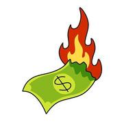 brandende dollar. groen geld in brand vector