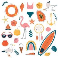 zomer collectie. vector set kleurrijke grappige doodle zomer symbolen, zoals flamingo, zeemeeuw, tropisch fruit, regenboog, surfplank, zonnebril.