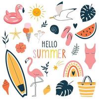 hallo zomercollectie. vector set kleurrijke grappige doodle zomer symbolen, zoals flamingo, zeemeeuw, tropische bladeren, regenboog, surfplank.