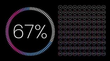 set cirkelpercentagemeters van 0 tot 100 voor infographic, gebruikersinterfaceontwerp ui. verloop cirkeldiagram downloaden voortgang van paars naar wit op zwarte achtergrond. cirkel diagram vector. vector