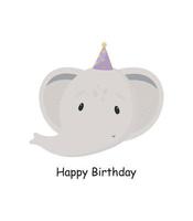 verjaardagsfeestje, wenskaart, uitnodiging voor feest. kinderen illustratie met schattige olifant in cartoon-stijl. vector