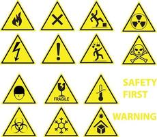 driehoekswaarschuwingsbord geel en zwart, verschillende waarschuwingssymbolen, chemische waarschuwing, elektrische waarschuwing, stralingswaarschuwing; vector