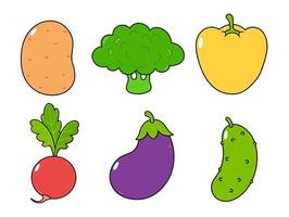 grappige schattige vrolijke groenten tekens bundel set. vector hand getekend cartoon kawaii karakter illustratie pictogram. geïsoleerd op een witte achtergrond. schattige aardappel, broccoli, aubergine, radijs, paprika, komkommer