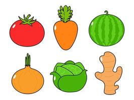 grappige schattige vrolijke groenten tekens bundel set. vector hand getekend cartoon kawaii karakter illustratie pictogram. geïsoleerd op een witte achtergrond. schattige tomaat, watermeloen, ui, kool, gember, wortel