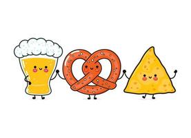 schattig, grappig vrolijk glas bier, krakeling en nacho's. vector hand getekend kawaii stripfiguren, illustratie pictogram. grappige cartoon glas bier, krakeling en nacho's mascotte vrienden concept