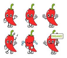 grappige schattige chili peper karakters bundel set. vector hand getrokken doodle stijl traditionele cartoon vintage, retro karakter illustratie pictogram ontwerp. geïsoleerde witte achtergrond. chili peper mascotte