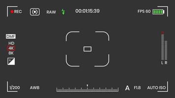 camera zoeker video of foto frame recorder vlakke stijl ontwerp vectorillustratie. digitale camerazoeker met belichtingsinstellingen en scherpstelrastersjabloon. vector