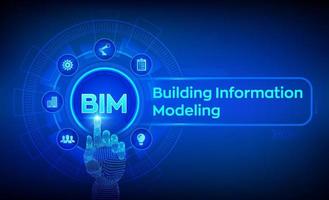 bim. gebouw informatie modellering technologie concept op virtueel scherm. bedrijfsindustrie, architectuur en bouwconcept. robot hand aanraken van digitale interface. vectorillustratie.