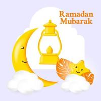 illustratie ramadan mubarak met schattige maan, lantaarn en sterren cartoon vector