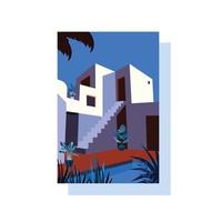 een posterafbeelding met een witte villa met een zwembad en een trap en veel potplanten eromheen in zachte, kalmerende tinten en stijl vector
