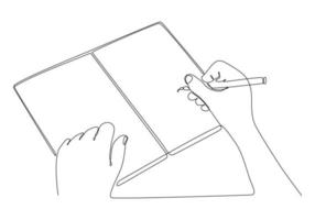 ononderbroken lijntekening van de hand die van een man iets op een blocnote schrijft die op een witte vectorillustratie wordt geïsoleerd als achtergrond