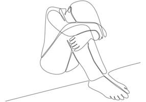 continue lijntekening van een jonge vrouw die zich verdrietig, moe en bezorgd voelt en lijdt aan depressie in de geestelijke gezondheid vectorillustratie vector