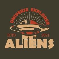 alien en vintage ufo-logo, embleem, pictogram, sjabloon, symbool vector
