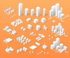 vector isometrisch centrum van de stad op de kaart met een groot aantal gebouwen, wolkenkrabbers, fabrieken, parken en voertuigen. isometrische weergave van een groot modern stadsbedrijf.
