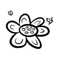 doodle hand getekende bloem bloei met kleine vlinder vector overzicht pictogram illustratie