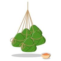 zongzi gebonden opknoping en saus geïsoleerd op een witte achtergrond. vector