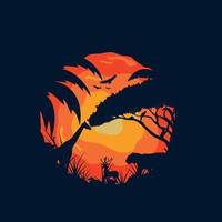 dierlijke logo illustratie in het bos met zonsondergang buiten vector ontwerp inspiratie