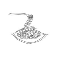 een enkele lijntekening van verse heerlijke Italiaanse spaghetti logo vectorillustratie. pasta fastfood café menu en restaurant badge concept. modern doorlopende lijntekening ontwerp straatvoedsel logotype vector