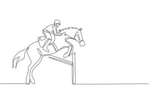 een enkele lijntekening van jonge ruiter man uitvoeren dressuur springen de hindernis test vector illustratie afbeelding. paardensport show competitie concept. modern ononderbroken lijntekeningontwerp