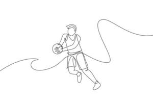 een enkele lijntekening van jonge energieke mannelijke basketbalspeler vangt de bal vectorillustratie. sport competitie concept. modern ononderbroken lijntekeningontwerp voor poster voor basketbaltoernooien vector