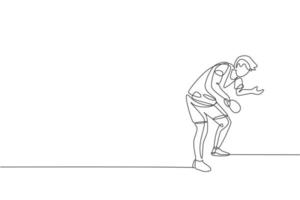 een enkele lijntekening van jonge energieke man tafeltennis speler trein naar bal dienen vectorillustratie. sporttrainingsconcept. modern ononderbroken lijntekeningontwerp voor pingpongtoernooibanner vector