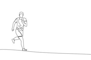 een doorlopende lijntekening van jonge man atleet runner focus jogging run. individuele sport, competitief concept. dynamische enkele lijn tekenen ontwerp vectorillustratie voor het runnen van competitie poster vector