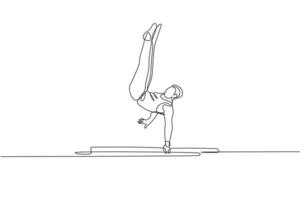 een doorlopende lijntekening jonge man die parallelle staven uitoefent op gymnastiek. turner atleet in maillot. gezonde sport en actief concept. dynamische enkele lijn tekenen ontwerp vector illustratie afbeelding