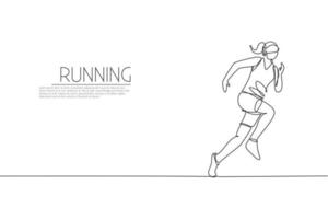 een enkele lijntekening van jonge energieke vrouw runner focus om snelle vectorillustratie uit te voeren. individuele sporten, trainingsconcept. modern ononderbroken lijntekeningontwerp voor het runnen van wedstrijdbanner vector