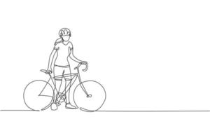 een doorlopende lijntekening van een jonge sportieve vrouw fiets racer wacht op haar vriend aan de kant van de weg. weg fietser concept. dynamische enkele lijn tekenen ontwerp vectorillustratie voor wielersport poster vector