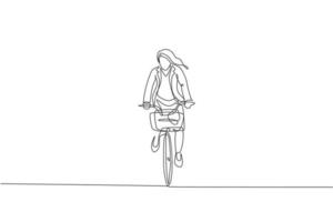 enkele doorlopende lijntekening van jonge professionele zakenvrouw die fietst naar haar bedrijf. fiets naar het werk, milieuvriendelijk transportconcept. trendy één lijn tekenen ontwerp vectorillustratie vector