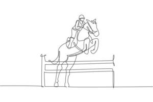 een enkele lijntekening jonge ruiter man presterende dressuur springen de hindernis test vector illustratie afbeelding. paardensport show competitie concept. modern ononderbroken lijntekeningontwerp