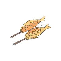 een doorlopende lijntekening van vers heerlijk gebakken karper vis restaurant logo embleem. gegrilde zeevruchten café winkel logo sjabloon concept. moderne enkele lijn tekenen ontwerp grafische vectorillustratie vector