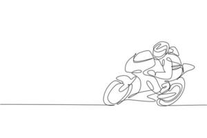 een doorlopende lijntekening van jonge motorrijder die oefent op circuit. super fiets race concept grafische vectorillustratie. dynamisch ontwerp met één lijntekening voor promotieposter voor motorraces vector