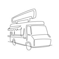 een doorlopende lijntekening van vintage food truck voor festival logo embleem. mobiel fastfood café winkel logo sjabloon concept. moderne enkele lijn tekenen ontwerp vector grafische afbeelding