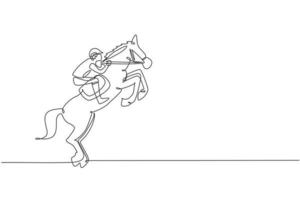 enkele doorlopende lijntekening van jonge professionele ruiter probeert het paard in de stallen te temmen. paardensport trainingsproces concept. trendy één lijn tekenen ontwerp vectorillustratie vector