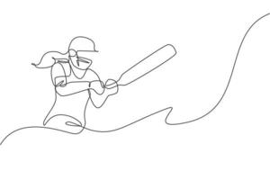 een enkele lijntekening van jonge energieke vrouw cricketspeler met succes de bal home run vectorillustratie. sportconcept. modern ononderbroken lijntekeningontwerp voor cricketwedstrijdbanner vector