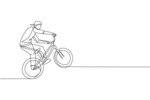 enkele doorlopende lijntekening van jonge bmx-fietser toont extreem riskante truc in skatepark. bmx freestyle-concept. trendy één lijn tekenen ontwerp vectorillustratie voor freestyle promotie media vector