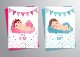baby shower meisje en jongen thema uitnodiging sjabloon, baby slapen cartoon karakter ontwerp vector