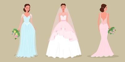 bruiden in weelderige trouwjurken set, vrouwen in avondjurken, vectorillustratie vector