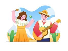 cinco de mayo festivalillustratie met jonge man en vrouw die graag muziek spelen en dansen. kan worden gebruikt voor wenskaarten, ansichtkaarten, posters, uitnodigingen, banners, web, sociale media, enz. vector