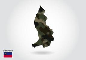 liechtensteinkaart met camouflagepatroon, bos - groene textuur in kaart. militair concept voor leger, soldaat en oorlog. wapenschild, vlag. vector