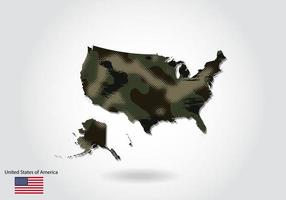 kaart van de verenigde staten van amerika met camouflagepatroon, bos - groene textuur in kaart. militair concept voor leger, soldaat en oorlog. wapenschild, vlag. vector